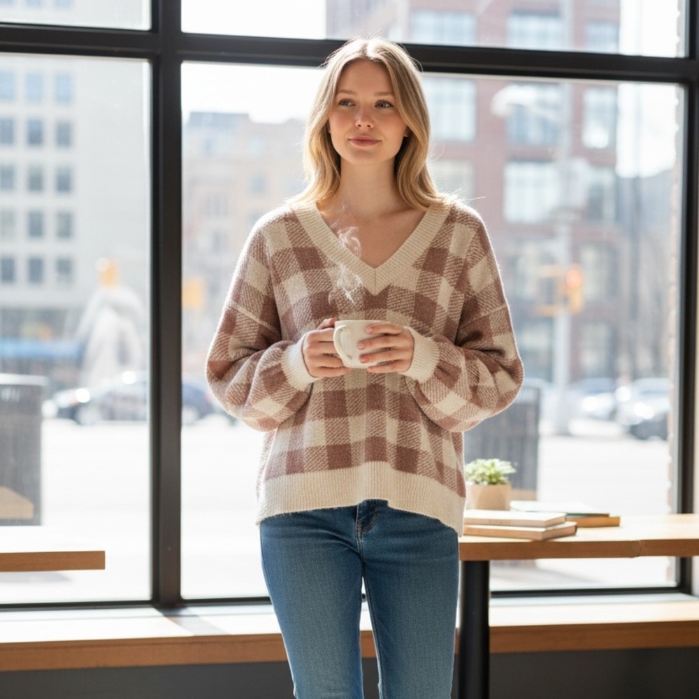 LOFT Cream and Rose Check V-Neck Sweater
